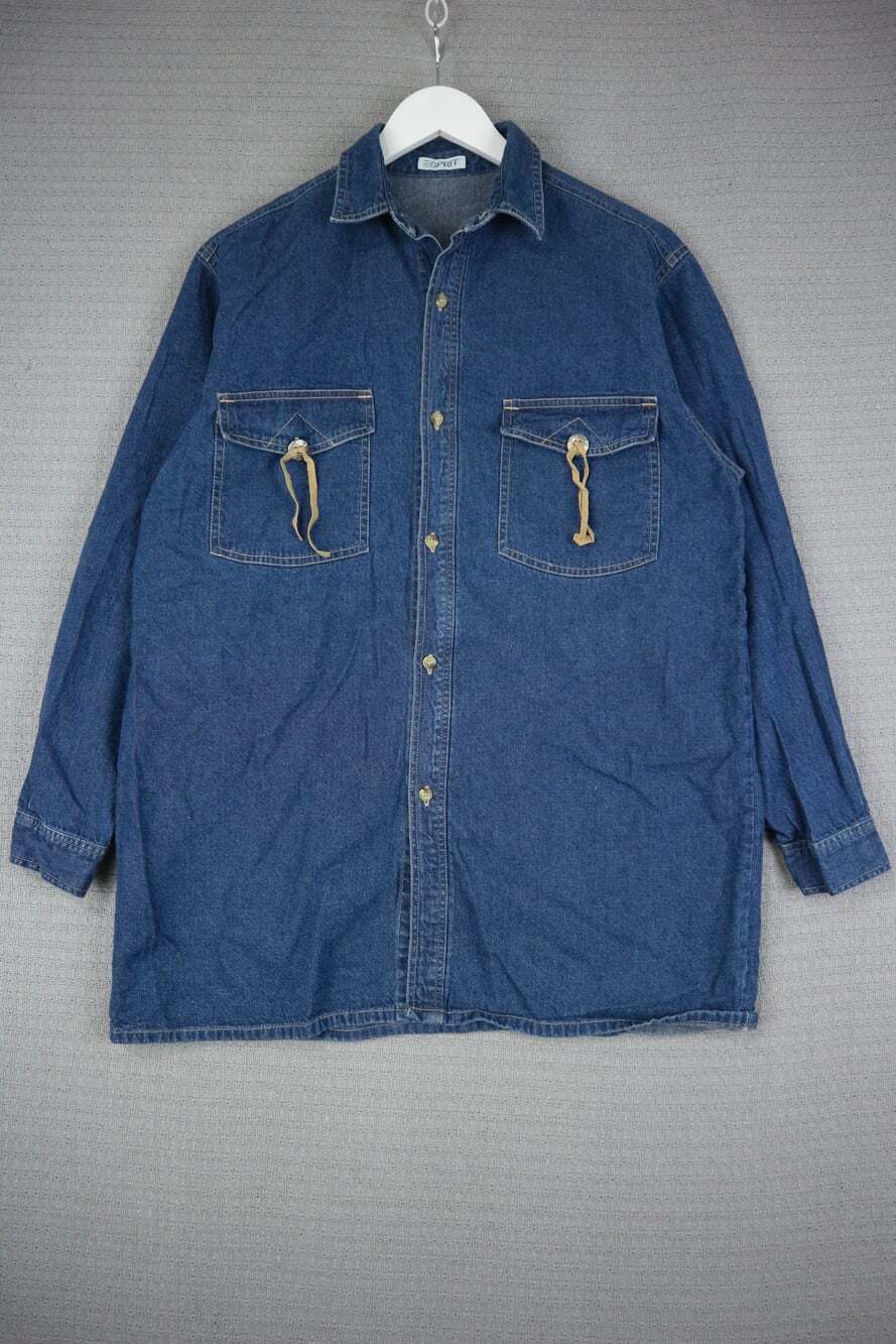 Vintage 90s Esprit Denim Button Up Shirt Leather Drawstring Pockets Medium Wash